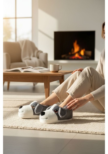 Unisex Panduf Köpek Figürlü Pofuduk Peluş Panduf