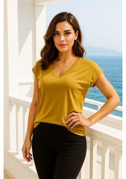 Kadın Hardal Viskon V Yakalı T-Shirt Kısa Kol Rahat Kesim Bluz fiyatları