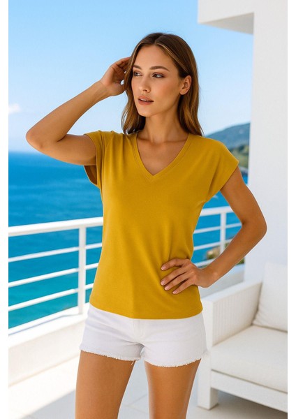 Kadın Hardal Viskon V Yakalı T-Shirt Kısa Kol Rahat Kesim Bluz modelleri