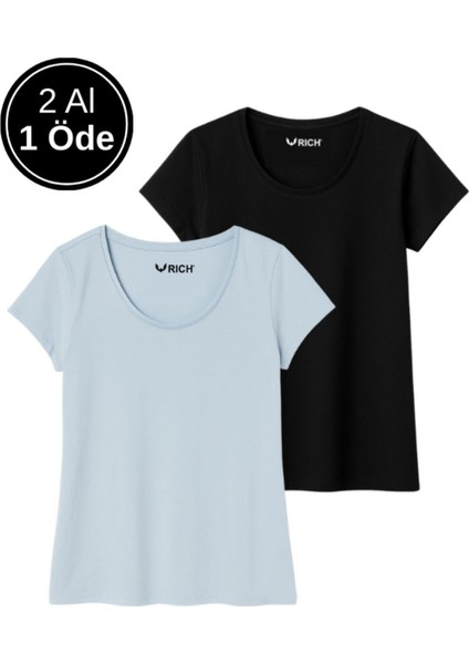 Kadın %100 Pamuk 2'li Paket Kısa Kollu Yuvarlak Yaka Tişört