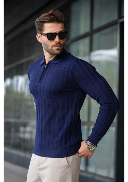 Lacivert Yarım Fermuarlı Polo Yaka Triko Kazak E7426 modelleri