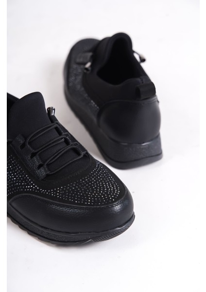 Vıolet Bağcıklı Lastikli Ortopedik Rahat Taban Taş Detaylı Klasik Kadın Babet Anne Ayakkabısı Cst - Siyah indirimleri