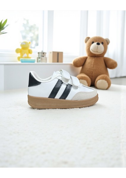 Unisex Rahat Tabanlı Hafif Esnek Ortopedik Cırtlı Günlük Çocuk Sneaker Spor Ayakkabı - Beyaz-Siyah