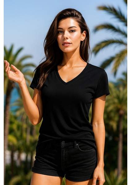 Kadın Siyah Viskon V Yakalı T-Shirt Kısa Kol Rahat Kesim Bluz indirimleri