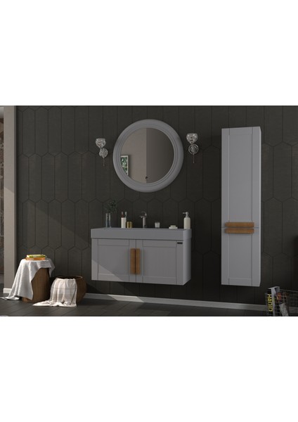 Pio 100CM Matt Anthracite (Gri) Ahşap Kulplu Banyo Dolabı (Ayna+Lavabo+Alt Dolap)
