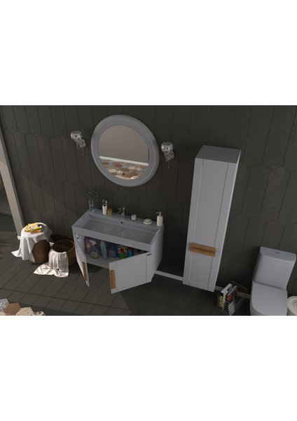 Pio 100CM Matt Anthracite (Gri) Ahşap Kulplu Banyo Dolabı (Ayna+Lavabo+Alt Dolap) fiyatları