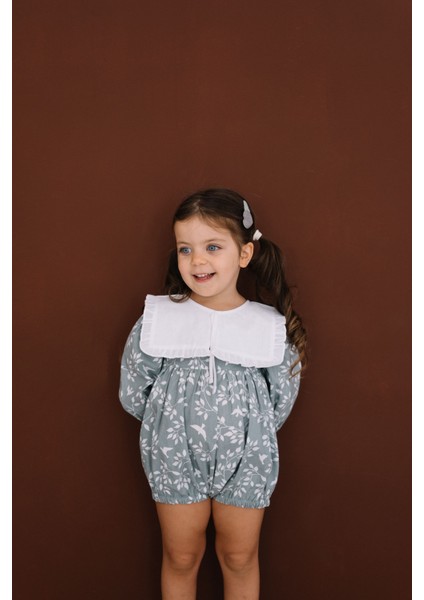 Clementine Mint Beyaz Yaprak ve Kuş Desenli Uzun Kollu Paçasız Tulum