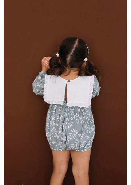 Clementine Mint Beyaz Yaprak ve Kuş Desenli Uzun Kollu Paçasız Tulum modelleri