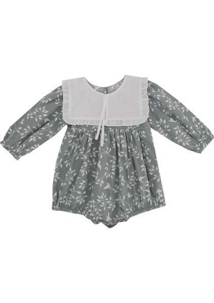 Clementine Mint Beyaz Yaprak ve Kuş Desenli Uzun Kollu Paçasız Tulum