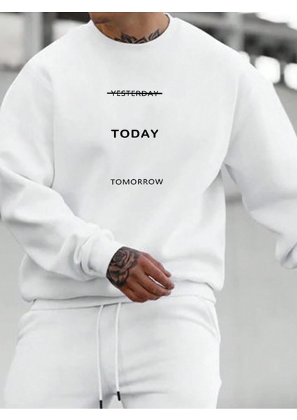 Beyaz Pamuklu Today Baskılı Sweatshirt