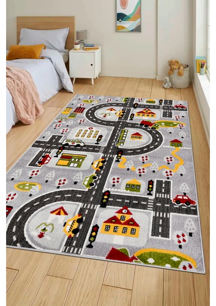 Oyun Şehri Çocuk Oyun Halısı | 3 Boyutlu Araba Yolu Desenli, Tozumaz, Kolay Temizlik, Jüt Tabanlı