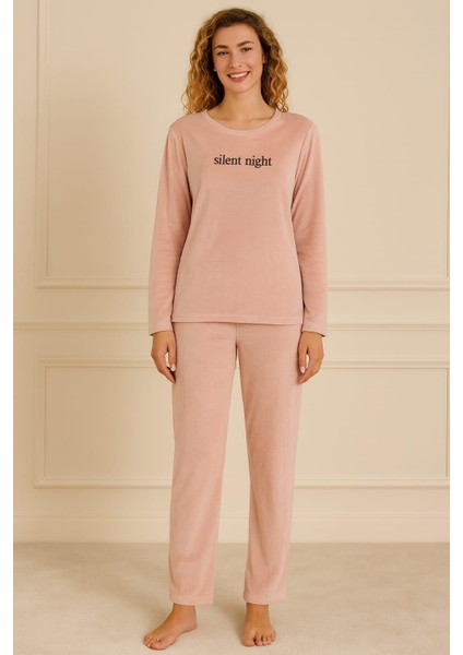 Kadın 13166-2541 Uzun Kol Kadife Pijama Takımı Somon