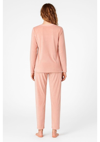 Kadın 13166-2541 Uzun Kol Kadife Pijama Takımı Somon fiyatları