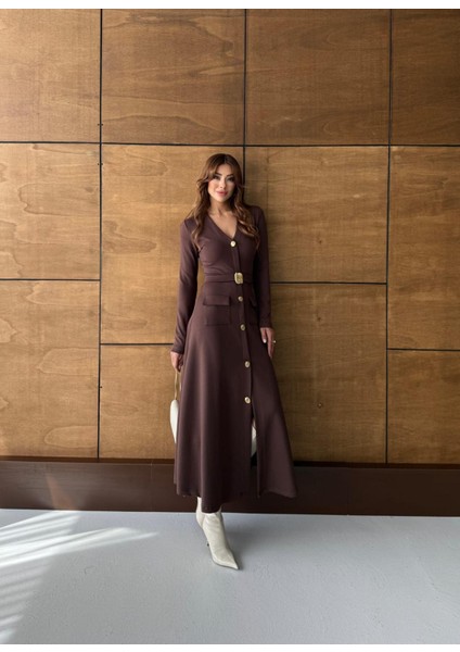 Buketli Kadın Sabit Kemerli Iri Sarı Düğme ve Cep Detaylı V Yaka Uzun Kollu Uzun Elbise fiyatları