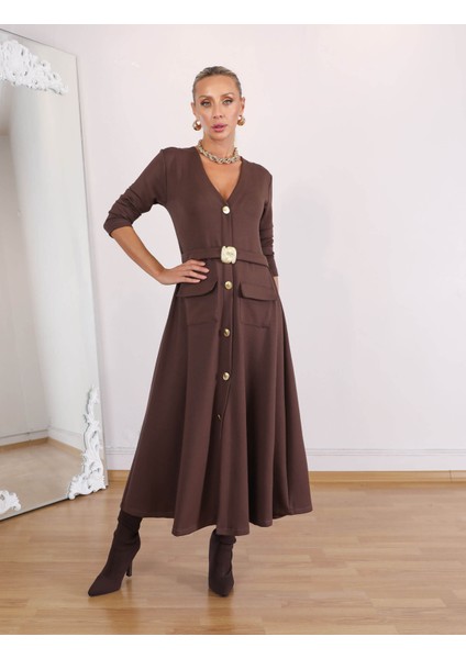 Buketli Kadın Sabit Kemerli Iri Sarı Düğme ve Cep Detaylı V Yaka Uzun Kollu Uzun Elbise fırsatları