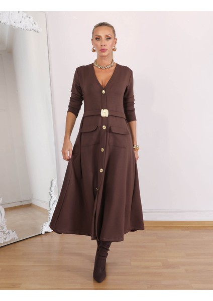 Buketli Kadın Sabit Kemerli Iri Sarı Düğme ve Cep Detaylı V Yaka Uzun Kollu Uzun Elbise indirimleri