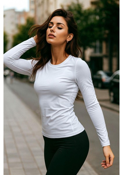 Kadın Beyaz Bisiklet Yaka Slim Fit Basic Tişört - Uzun Kollu Pamuklu T-Shirt Bluz