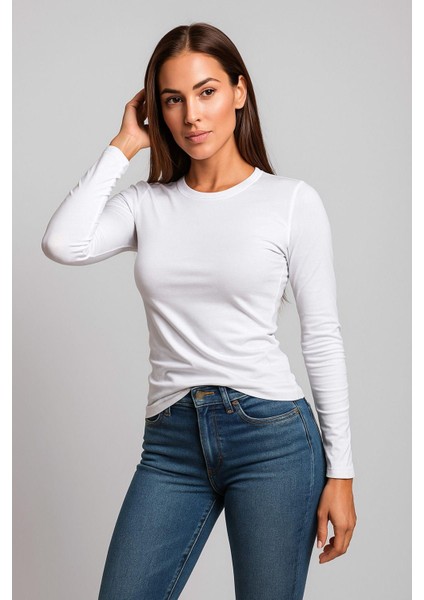 Kadın Beyaz Bisiklet Yaka Slim Fit Basic Tişört - Uzun Kollu Pamuklu T-Shirt Bluz fiyatları