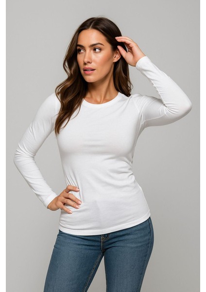 Kadın Beyaz Bisiklet Yaka Slim Fit Basic Tişört - Uzun Kollu Pamuklu T-Shirt Bluz modelleri