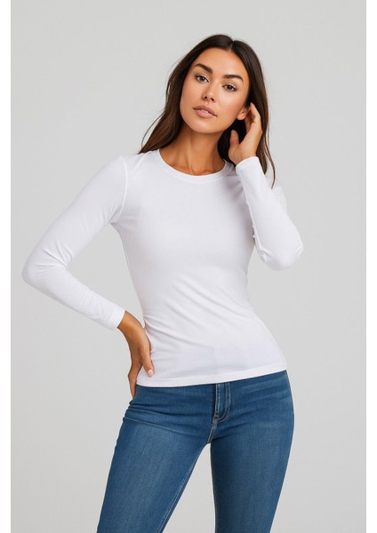 Kadın Beyaz Bisiklet Yaka Slim Fit Basic Tişört - Uzun Kollu Pamuklu T-Shirt Bluz fırsatları