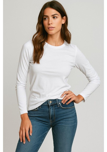 Kadın Beyaz Bisiklet Yaka Slim Fit Basic Tişört - Uzun Kollu Pamuklu T-Shirt Bluz indirimleri