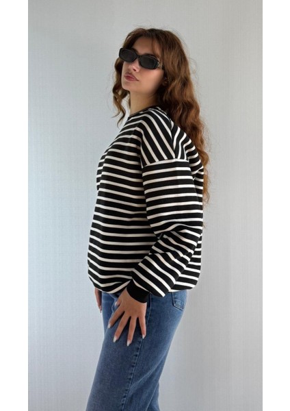 Kadın Bisiklet Yaka Çizgili Uzun Kol Oversize Sweatshirt modelleri
