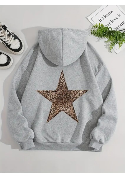 Trend Leopar Yıldız Baskılı Rahat Kalıp Kadın Oversize Kapüşonlu Sweatshirt