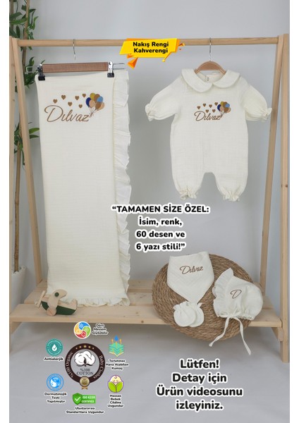Müslin Yeni Doğan 4katlı Organik %100PAMUK Kişiye Özgü Nakışlı Hastane Çıkış Seti (Çoklu Balon)