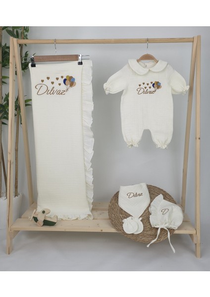 Müslin Yeni Doğan 4katlı Organik %100PAMUK Kişiye Özgü Nakışlı Hastane Çıkış Seti (Çoklu Balon) fiyatları