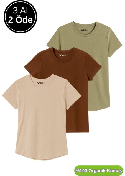 Kadın 3'lü Paket Kahverengi-Haki-Bej %100 Organik Pamuk Normal Kesim Tişört Bisiklet Yaka T-Shirt