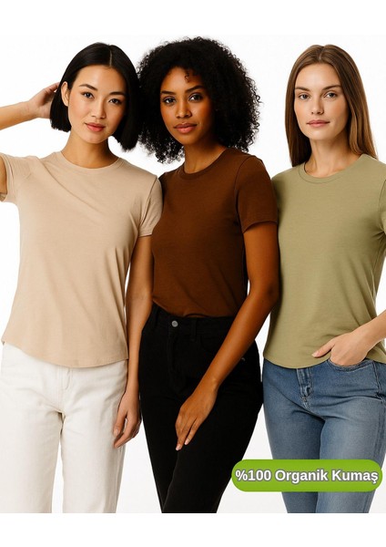 Kadın 3'lü Paket Kahverengi-Haki-Bej %100 Organik Pamuk Normal Kesim Tişört Bisiklet Yaka T-Shirt indirimleri
