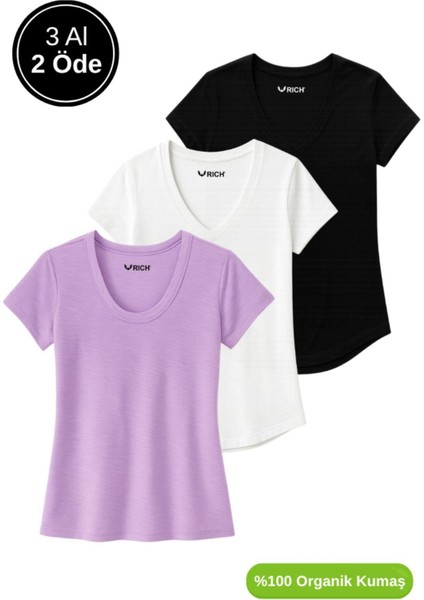 Kadın 3'lü Paket Siyah-Beyaz-Lila %100 Organik Pamuk Normal Kesim Tişört V Yaka T-Shirt