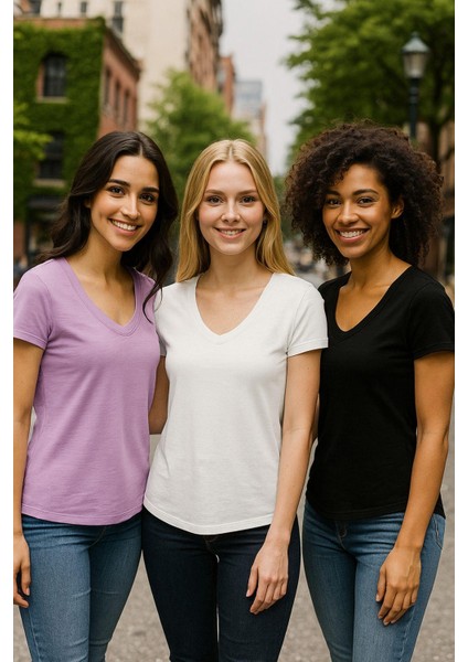 Kadın 3'lü Paket Siyah-Beyaz-Lila %100 Organik Pamuk Normal Kesim Tişört V Yaka T-Shirt fiyatları