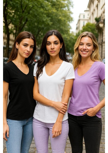 Kadın 3'lü Paket Siyah-Beyaz-Lila %100 Organik Pamuk Normal Kesim Tişört V Yaka T-Shirt modelleri