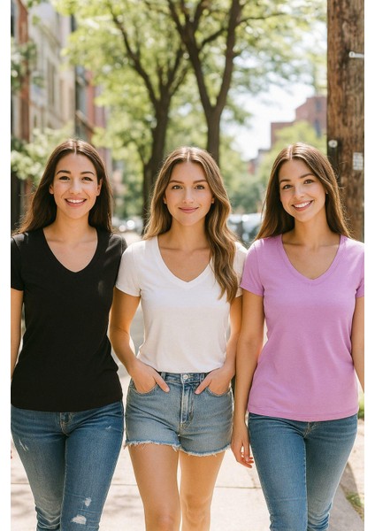 Kadın 3'lü Paket Siyah-Beyaz-Lila %100 Organik Pamuk Normal Kesim Tişört V Yaka T-Shirt fırsatları