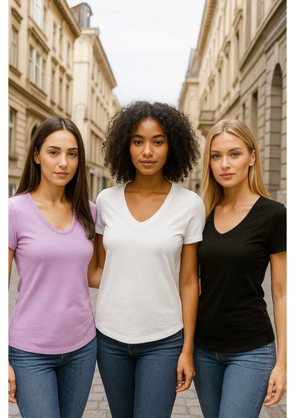 Kadın 3'lü Paket Siyah-Beyaz-Lila %100 Organik Pamuk Normal Kesim Tişört V Yaka T-Shirt indirimleri