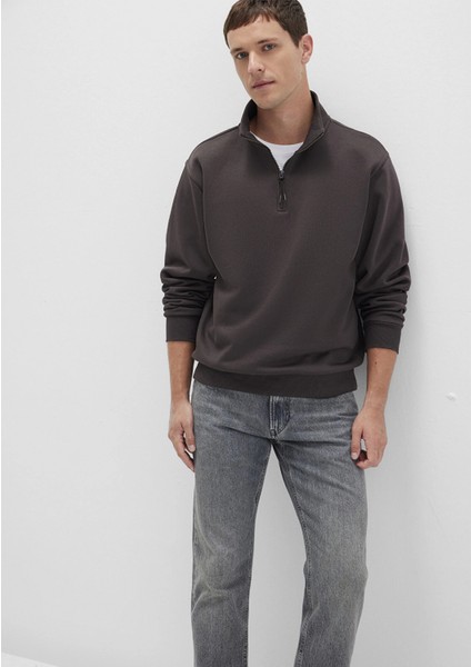 0S10278-70219 Yarı Fermuarlı Kahverengi Basic Sweatshirt