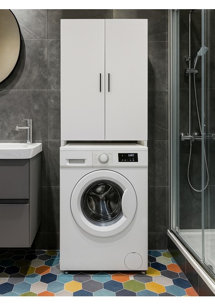 Ternos Çok Amaçlı Çamaşır Makinesi Dolabı 3 Raflı Kapaklı Banyo Dolabı Beyaz