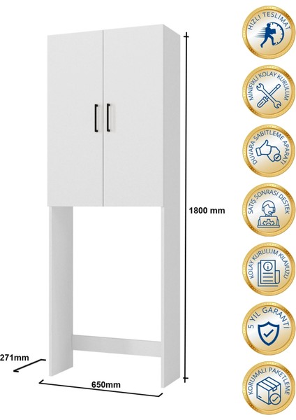 Ternos Çok Amaçlı Çamaşır Makinesi Dolabı 3 Raflı Kapaklı Banyo Dolabı Beyaz