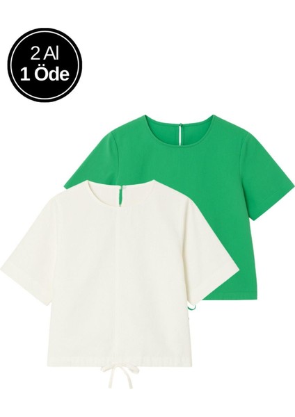 Kadın 2'li Paket Ekru-Yeşil Kısa Kollu T-Shirt Oversize %100 Pamuk Bisiklet Yaka Bluz Tişört