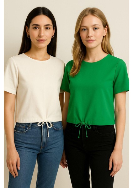 Kadın 2'li Paket Ekru-Yeşil Kısa Kollu T-Shirt Oversize %100 Pamuk Bisiklet Yaka Bluz Tişört fiyatları