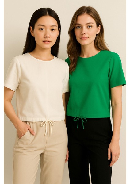Kadın 2'li Paket Ekru-Yeşil Kısa Kollu T-Shirt Oversize %100 Pamuk Bisiklet Yaka Bluz Tişört modelleri