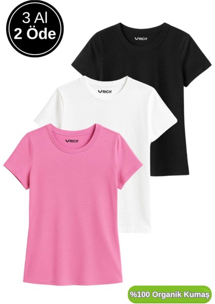 Kadın 3'lü Paket Siyah-Beyaz-Pembe %100 Organik Pamuk Normal Kesim Tişört Bisiklet Yaka T-Shirt