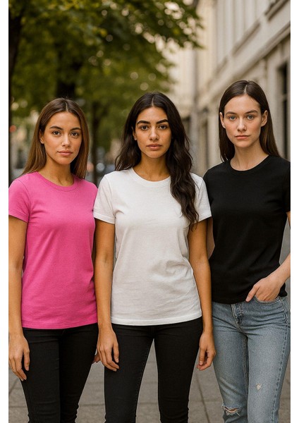 Kadın 3'lü Paket Siyah-Beyaz-Pembe %100 Organik Pamuk Normal Kesim Tişört Bisiklet Yaka T-Shirt fiyatları