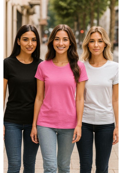 Kadın 3'lü Paket Siyah-Beyaz-Pembe %100 Organik Pamuk Normal Kesim Tişört Bisiklet Yaka T-Shirt fırsatları