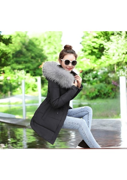 Orta Boy Kürklü Kapüşonlu Su Geçirmez Kadın Siyah Mont fiyatları