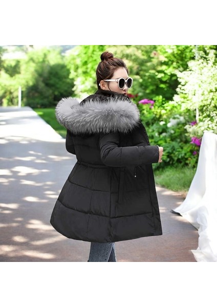 Orta Boy Kürklü Kapüşonlu Su Geçirmez Kadın Siyah Mont modelleri
