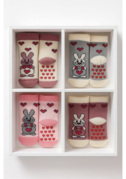 Organik Pamuk Unisex 4'lü Kutulu / Premium / Kaydırmaz Tabanlı / Tavşan Desenli / Havlu Çocuk Çorabı