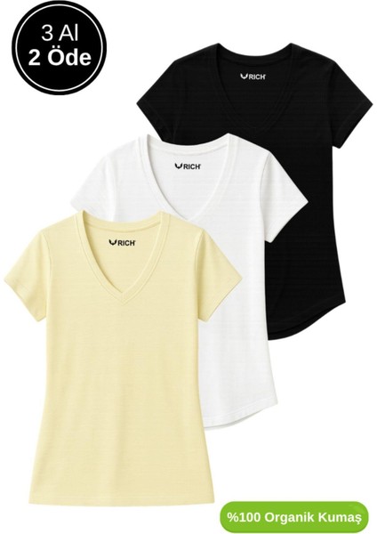Kadın 3'lü Paket Siyah-Sarı-Beyaz %100 Organik Pamuk Normal Kesim Tişört V Yaka T-Shirt