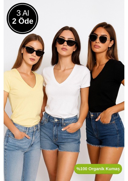 Kadın 3'lü Paket Siyah-Sarı-Beyaz %100 Organik Pamuk Normal Kesim Tişört V Yaka T-Shirt fiyatları